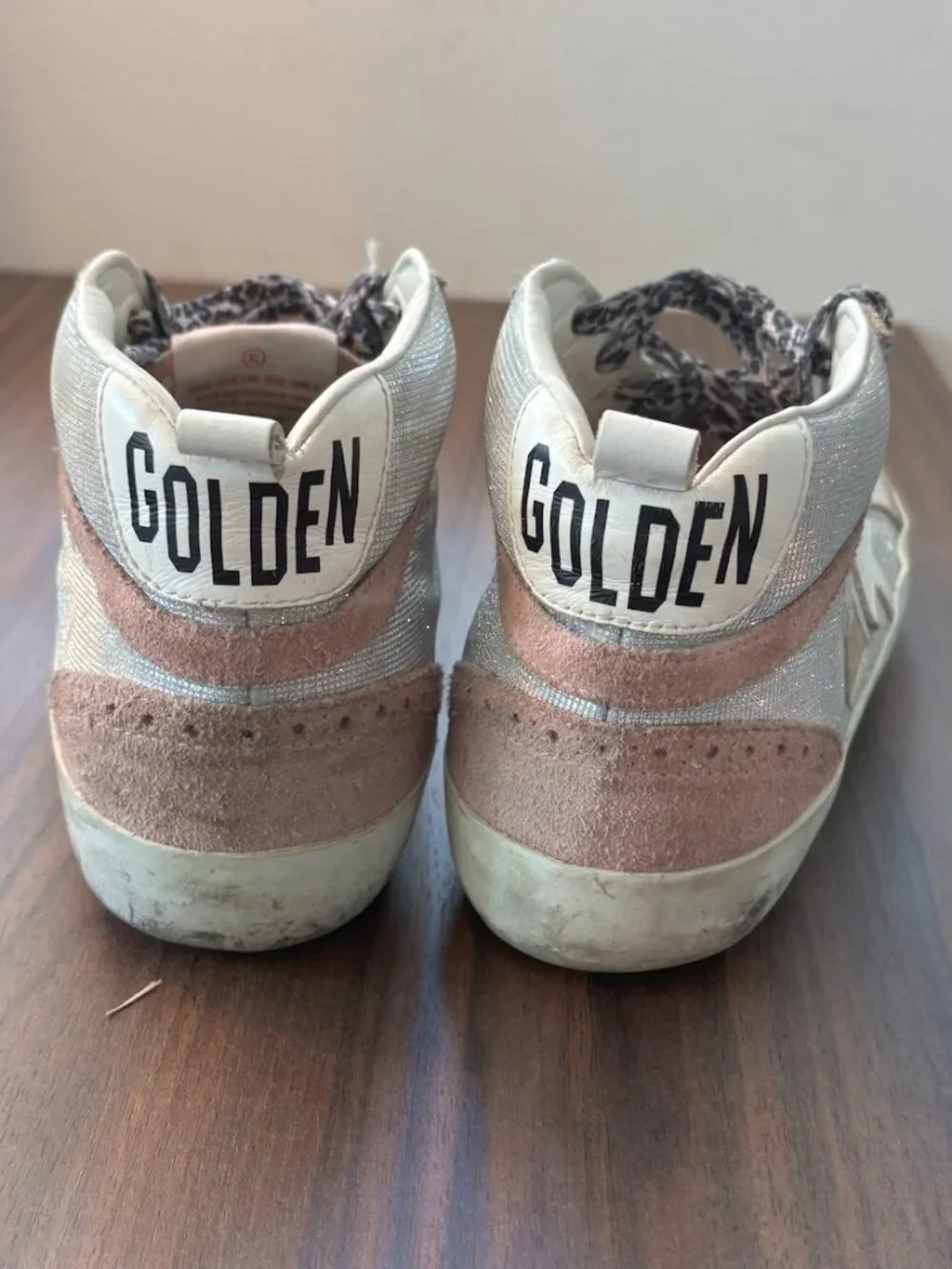Vintage Golden Goose Womens Pink and Silver Mid Star Sneakers with glitter